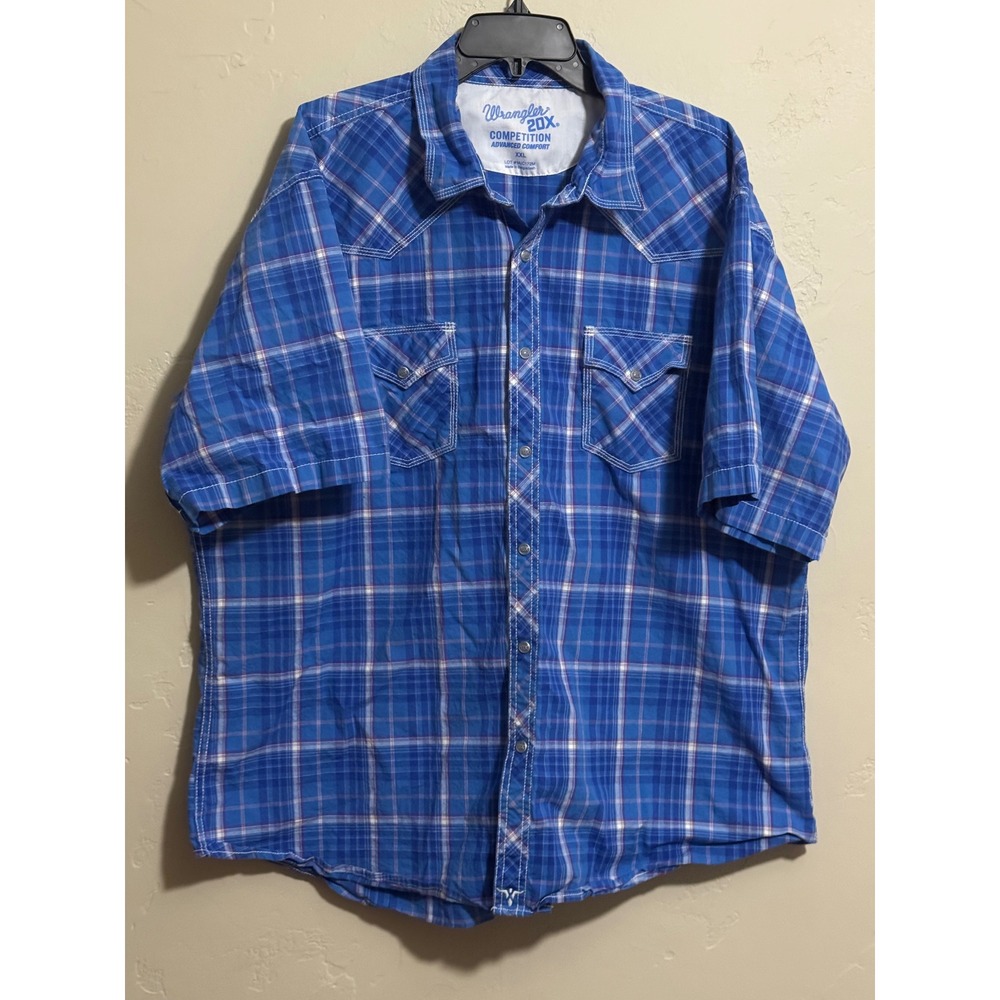 Wrangler 20X Shirt Mens XXL Blue Plaid Western Short Sleeve Pearl Snap